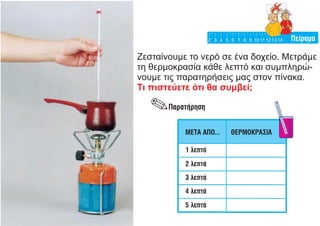 Ζεσταίνουμε το νερό σε ένα δοχείο. Μετράμε
τη θερμοκρασία κάθε λεπτό και συμπληρώ-
νουμε τις παρατηρήσεις μας στον πίνακα.
Τι πιστεύετε ότι θα συμβεί;
 