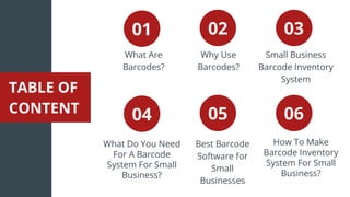 What Are
Barcodes?
01 02 03
04 05 06
TABLE OF
CONTENT
Why Use
Barcodes?
Small Business
Barcode Inventory
System
What Do Yo...