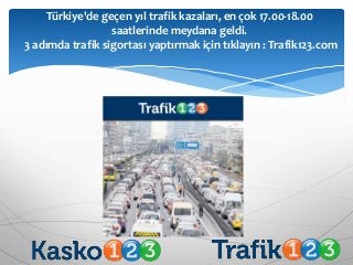 Türkiye'de geçen yıl trafik kazaları, en çok 17.00-18.00
saatlerinde meydana geldi.
3 adımda trafik sigortası yaptırmak için tıklayın : Trafik123.com
 
