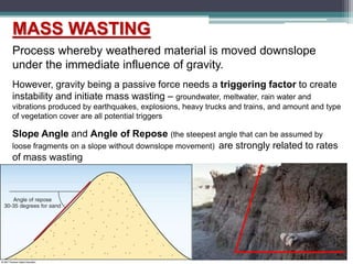 MASS WASTING
Process whereby weathered material is moved downslope
under the immediate influence of gravity.
However, gravity being a passive force needs a triggering factor to create
instability and initiate mass wasting – groundwater, meltwater, rain water and
vibrations produced by earthquakes, explosions, heavy trucks and trains, and amount and type
of vegetation cover are all potential triggers
Slope Angle and Angle of Repose (the steepest angle that can be assumed by
loose fragments on a slope without downslope movement) are strongly related to rates
of mass wasting
 