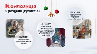 І куплет
зображення
реального життя
Скруджа
ІІ –ІІІ-ІV
куплети
фантастична
подорож Скруджа
у Часі й Просторі
з Духами
V куплет
відродження
Скруджа,
зміни в його житті
5 розділів (куплетів)
Композиція
 