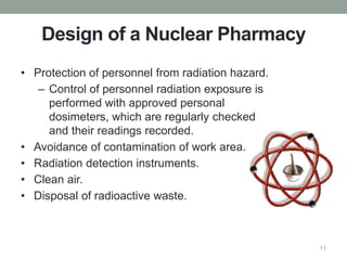 Design of a Nuclear Pharmacy
• Protection of personnel from radiation hazard.
– Control of personnel radiation exposure is
performed with approved personal
dosimeters, which are regularly checked
and their readings recorded.
• Avoidance of contamination of work area.
• Radiation detection instruments.
• Clean air.
• Disposal of radioactive waste.
11
 