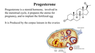 Progesterone
Progesterone is a steroid hormone, involved in
the menstrual cycle, it prepares the uterus for
pregnancy, and to implant the fertilized egg
It is Produced by the corpus luteum in the ovaries
 