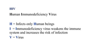 HIV
Human Immunodeficiency Virus
H = Infects only Human beings
I = Immunodeficiency virus weakens the immune
system and increases the risk of infection
V = Virus
 