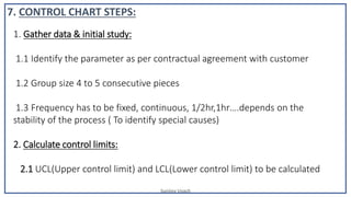 Sunjjoy Uvach
7. CONTROL CHART STEPS:
1. Gather data & initial study:
1.1 Identify the parameter as per contractual agreement with customer
1.2 Group size 4 to 5 consecutive pieces
1.3 Frequency has to be fixed, continuous, 1/2hr,1hr….depends on the
stability of the process ( To identify special causes)
2. Calculate control limits:
2.1 UCL(Upper control limit) and LCL(Lower control limit) to be calculated
 