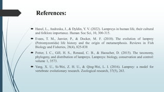 References:
 Hanel, L., Andreska, J., & Dyldin, Y. V. (2022). Lampreys in human life, their cultural
and folklore importance. Human Soc Sci, 10, 300-315.
 Evans, T. M., Janvier, P., & Docker, M. F. (2018). The evolution of lamprey
(Petromyzontida) life history and the origin of metamorphosis. Reviews in Fish
Biology and Fisheries, 28(4), 825-838
 Potter, I. C., Gill, H. S., Renaud, C. B., & Haoucher, D. (2015). The taxonomy,
phylogeny, and distribution of lampreys. Lampreys: biology, conservation and control:
volume 1, 3573.
 Yang, X. U., Si-Wei, Z. H. U., & Qing-Wei, L. I. (2016). Lamprey: a model for
vertebrate evolutionary research. Zoological research, 37(5), 263.
 