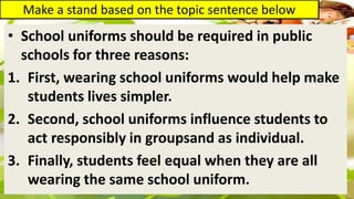Make a stand based on the topic sentence below
• School uniforms should be required in public
schools for three reasons:
1. First, wearing school uniforms would help make
students lives simpler.
2. Second, school uniforms influence students to
act responsibly in groupsand as individual.
3. Finally, students feel equal when they are all
wearing the same school uniform.
 