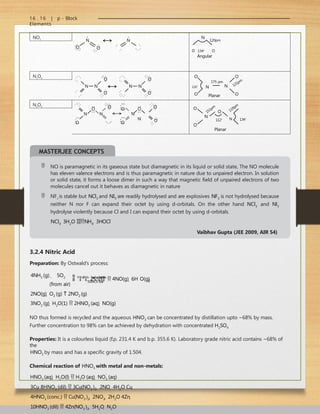 16 . 16 | p - Block
Elements
NO2
O
:
:
:
N
O
:
:
N
N
120pm
O 134o
O
Angular
N2
O4
N N
O
:
:
O
:
:
:
N N
O
:
:
O
:
:
:
:
O
O
135o
N
175 pm
N
O
O
121pm
Planar
N2
O5
:
:O
:
:
:
:
O
N N
O
:
:
:
:O
:O
:
:
:
:
:
:
O
:
:
:
O
:
:
O
N
N
O
O
O
N
N 134o
112o
151pm
119pm
Planar
MASTERJEE CONCEPTS
 NO is paramagnetic in its gaseous state but diamagnetic in its liquid or solid state, The NO molecule
has eleven valence electrons and is thus paramagnetic in nature due to unpaired electron. In solution
or solid state, it forms a loose dimer in such a way that magnetic field of unpaired electrons of two
molecules cancel out it behaves as diamagnetic in nature
 NF3
is stable but NCl3 and NI3 are readily hydrolysed and are explosives NF3 is not hydrolysed because
neither N nor F can expand their octet by using d-orbitals. On the other hand NCl3 and Nl3
hydrolyse violently because Cl and I can expand their octet by using d-orbitals.
NCl3  3H2O NH3  3HOCl
Vaibhav Gupta (JEE 2009, AIR 54)
3.2.4 Nitric Acid
Preparation: By Ostwald’s process:
2
500K,9 bar
4NH3 (g)  5O2
(from air)
 P
t /
R
h
g
a
u
g
e
c
a
t
a
l
y
s
t
 4NO(g)  6H O(g)
2NO(g)  O2 (g)  2NO2 (g)
3NO2 (g)  H2O(1)  2HNO3 (aq)  NO(g)
NO thus formed is recycled and the aqueous HNO3 can be concentrated by distillation upto ~68% by mass.
Further concentration to 98% can be achieved by dehydration with concentrated H2SO4
Properties: It is a colourless liquid (f.p. 231.4 K and b.p. 355.6 K). Laboratory grade nitric acid contains ~68% of
the
HNO3 by mass and has a specific gravity of 1.504.
Chemical reaction of HNO3 with metal and non-metals:
HNO3 (aq)  H2O(l)  H3O
(aq)  NO3

(aq)
3Cu 8HNO3 (dil)  3Cu(NO3 )2  2NO  4H2O Cu 
4HNO3 (conc.)  Cu(NO3 )2  2NO2  2H2O 4Zn 
10HNO3 (dil)  4Zn(NO3 )2  5H2O  N2O
 