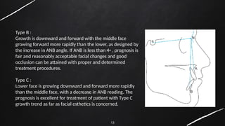 13
Type B :
Growth is downward and forward with the middle face
growing forward more rapidly than the lower, as designed by
the increase in ANB angle. If ANB is less than 4◦ , prognosis is
fair and reasonably acceptable facial changes and good
occlusion can be attained with proper and determined
treatment procedures.
Type C :
Lower face is growing downward and forward more rapidly
than the middle face, with a decrease in ANB reading. The
prognosis is excellent for treatment of patient with Type C
growth trend as far as facial esthetics is concerned.
 