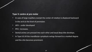 29
Type 3: centre at pre molar
• In case of large maxillary overjet the center of rotation is displaced backward
in the arch.to the level of premolars
• AFH – under developed
• PFH - increases.
• Dental arches are pressed into each other and basal deep bite develops.
• In Type II & III the mandibular symphysis swings forward to a marked degree
and the chin becomes prominent.
 
