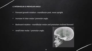 39
6. INTERMOLAR & PREMOLAR ANGLE:
• Forward growth rotation - mandibular post. more upright
• increase in inter molar/ premolar angle.
• Backward rotation - mandibular molar and premolars inclined forward
• small inter molar / premolar angle.
 
