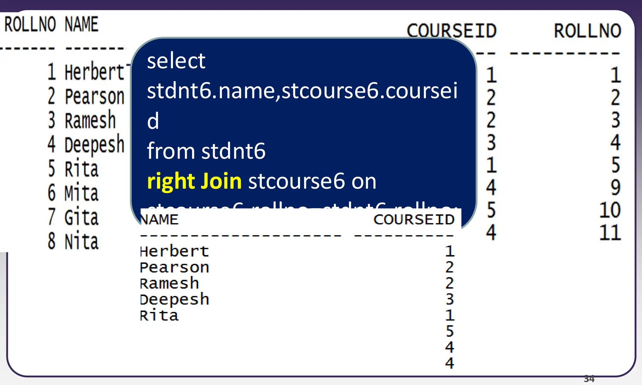 34 select stdnt6.name,stcourse6.coursei d from stdnt6 right Join stcourse6 on stcourse6.rollno=stdnt6.rollno; 