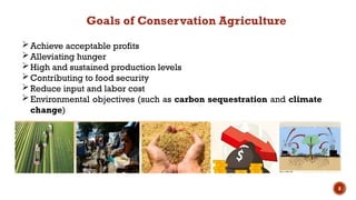 8
Achieve acceptable profits
Alleviating hunger
High and sustained production levels
Contributing to food security
Reduce input and labor cost
Environmental objectives (such as carbon sequestration and climate
change)
Goals of Conservation Agriculture
 