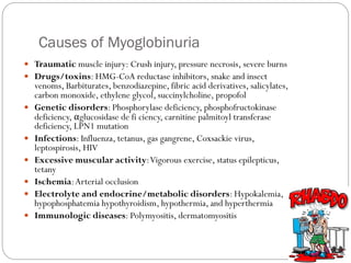 Causes of Myoglobinuria
 Traumatic muscle injury: Crush injury, pressure necrosis, severe burns
 Drugs/toxins: HMG-CoA reductase inhibitors, snake and insect
venoms, Barbiturates, benzodiazepine, fibric acid derivatives, salicylates,
carbon monoxide, ethylene glycol, succinylcholine, propofol
 Genetic disorders: Phosphorylase deficiency, phosphofructokinase
deficiency, αglucosidase de fi ciency, carnitine palmitoyl transferase
deficiency, LPN1 mutation
 Infections: Influenza, tetanus, gas gangrene, Coxsackie virus,
leptospirosis, HIV
 Excessive muscular activity:Vigorous exercise, status epilepticus,
tetany
 Ischemia:Arterial occlusion
 Electrolyte and endocrine/metabolic disorders: Hypokalemia,
hypophosphatemia hypothyroidism, hypothermia, and hyperthermia
 Immunologic diseases: Polymyositis, dermatomyositis
 