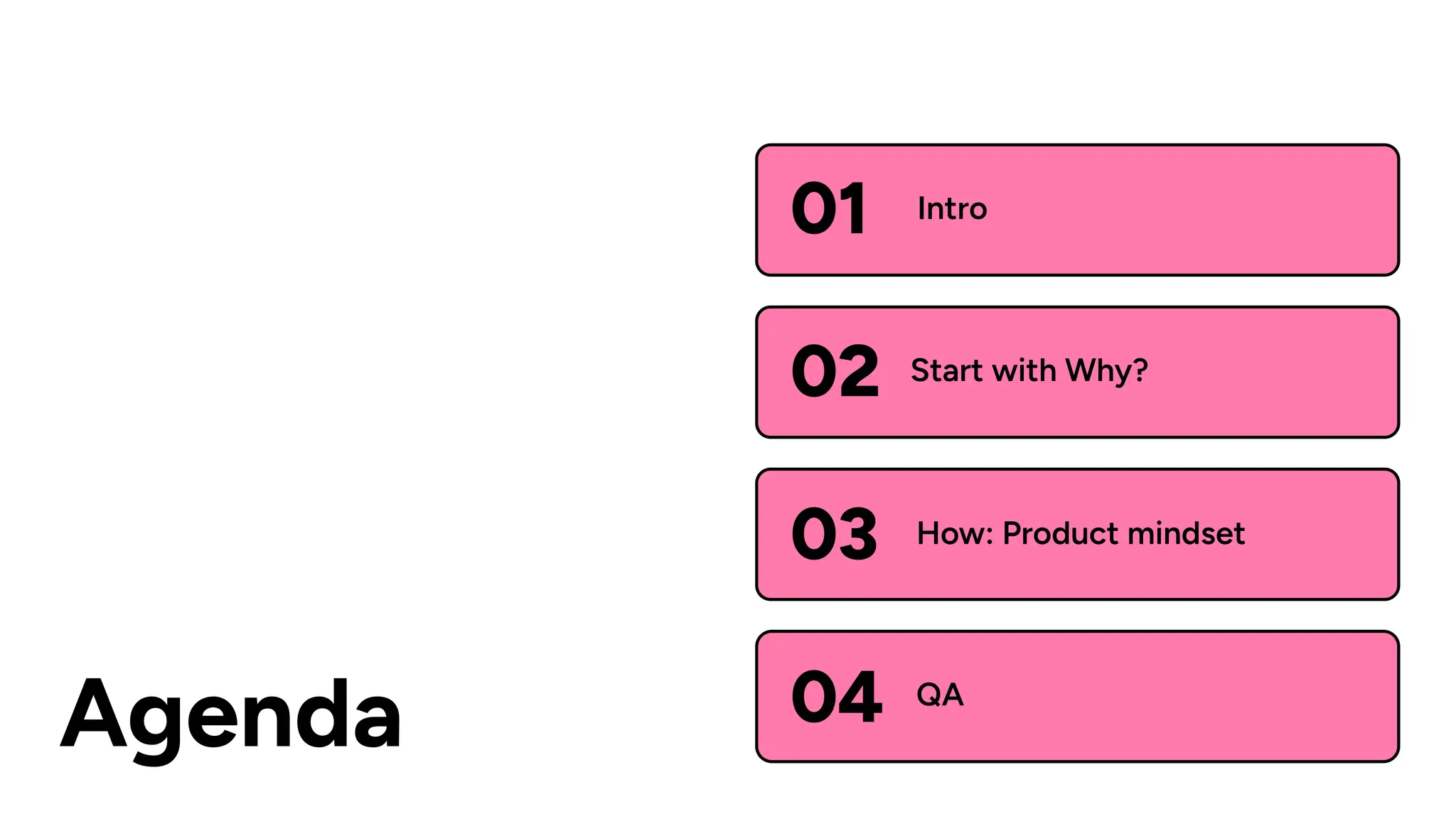 Agenda
Intro
Start with Why?
How: Product mindset
QA
01
02
03
04
 