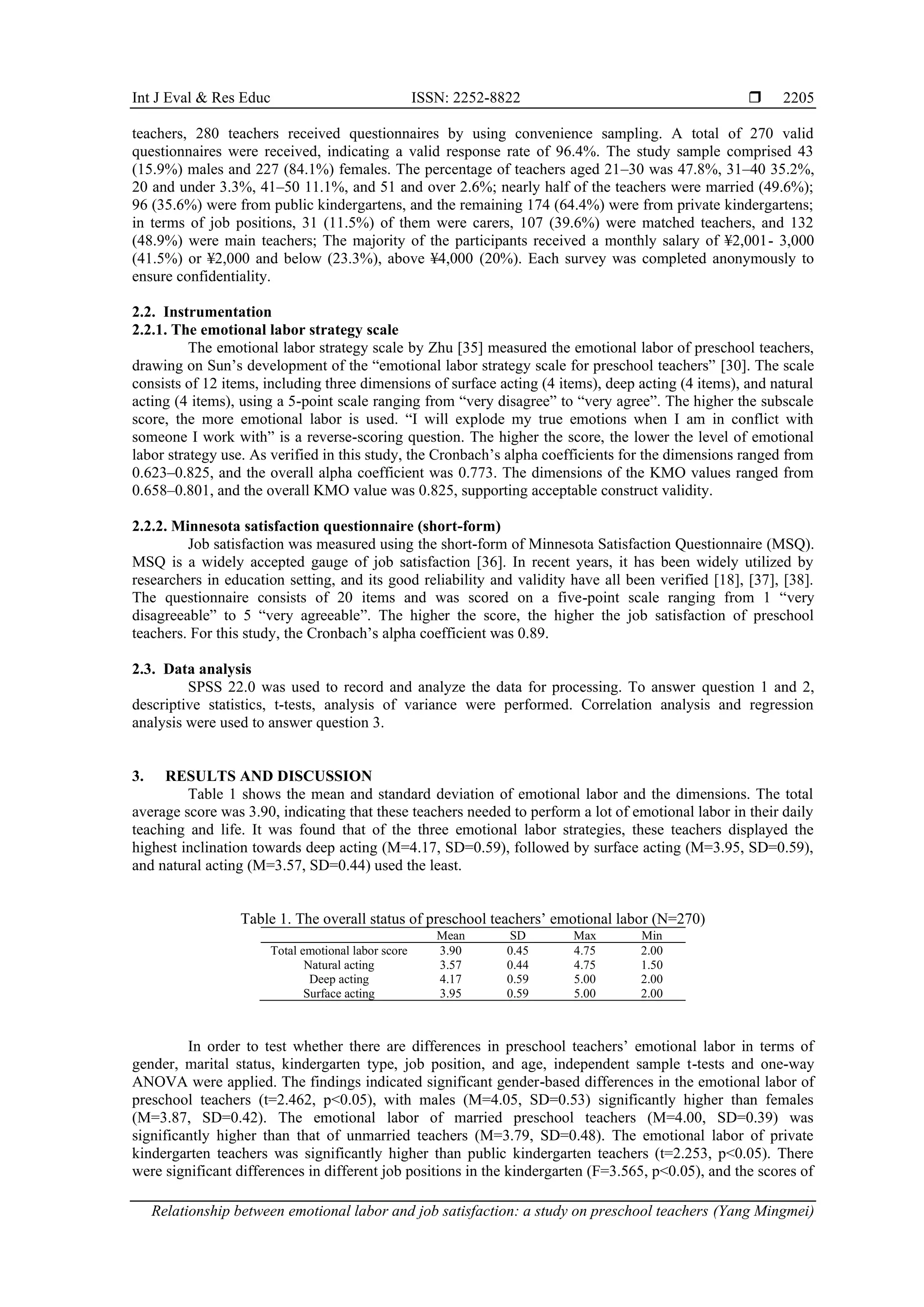Relationship between emotional labor and job satisfaction: a study on ...
