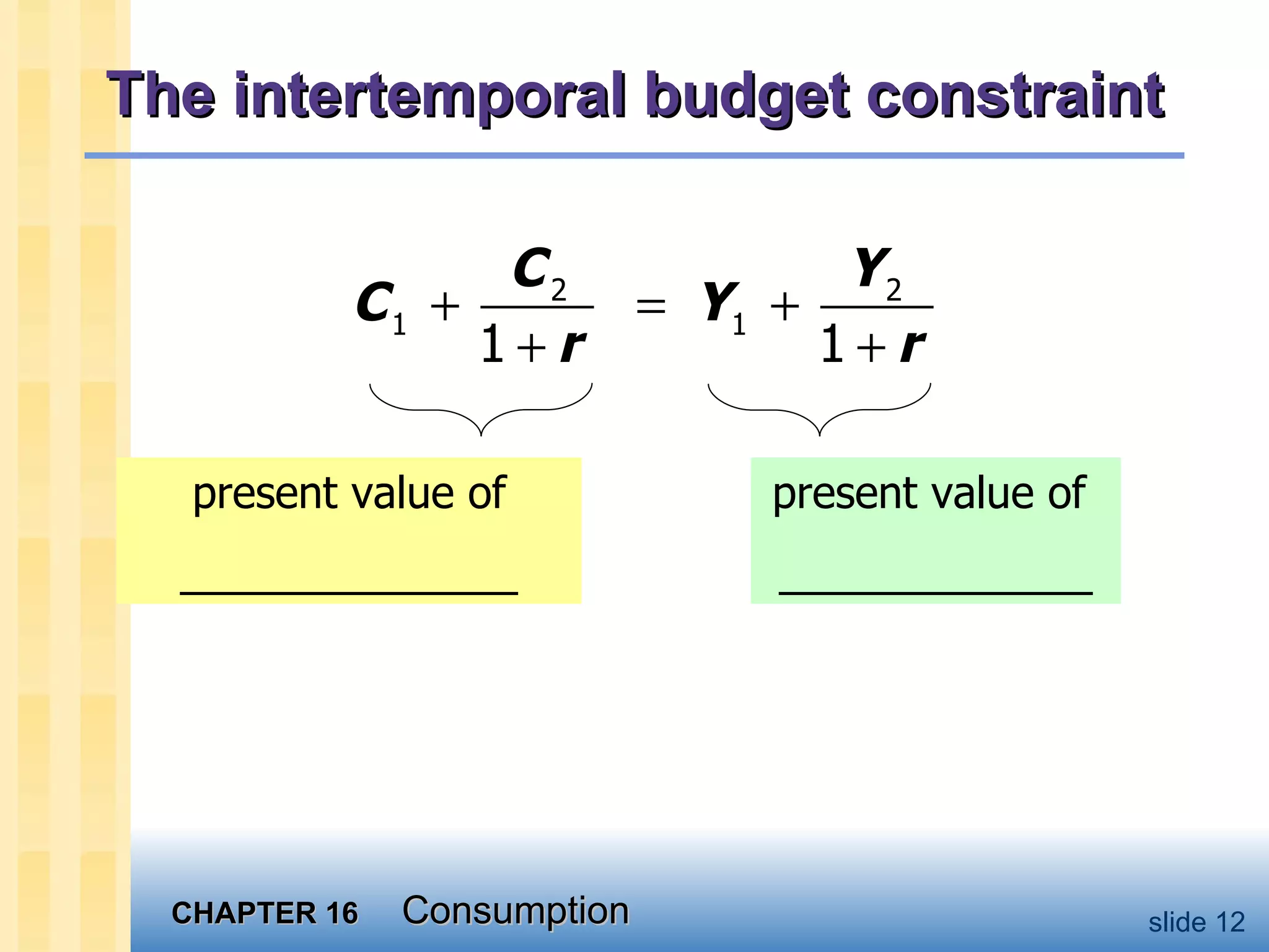 The intertemporal budget constraint present value of ______________ present value of  _____________ 