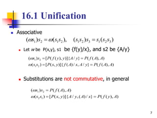 7
16.1 Unification
 Associative
 Let w be P(x,y), s1 be {f(y)/x}, and s2 be {A/y}
 Substitutions are not commutative, in general
)()(),()( 3213212121 ssssssssss 
)),((}/,/)()]{,([)(
)),((}/)]{),(([)(
21
21
AAfPyAxAfyxPss
AAfPyAyyfPss




)),((}/)(,/)]{,([)(
)),(()(
12
21
AyfPxAyAyxPss
AAfPss




 