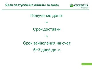 4
Срок поступления оплаты за заказ
Получение денег
=
Срок доставки
+
Срок зачисления на счет
5+3 дней до 
 