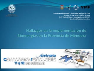 Programa de Bioenergía – Universidad Nacional de Cuyo
               Director: Dr. Ing. Jorge E. Núñez Mc Leod
       Prof. Titular UNCuyo – Investigador de CONICET
                          jnmcleod@cediac.uncu.edu.ar
 