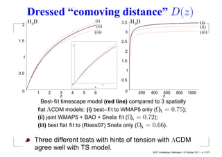 Dressed “comoving distance” D(z)
      H 0D                          (i)       3.5   H 0D                                                 (i)
 2                                   (ii)                                                                (ii)
                                   (iii)        3                                                        (iii)
1.5                                           2.5
                           1

                                                2
  1
                                              1.5

                                                1
0.5
                                              0.5
                          0             1
                                    z
 0       1       2   3    4    5   6            0      200   400      600          800       1000
                     z                                                z
               Best-ﬁt timescape model (red line) compared to 3 spatially
             ﬂat ΛCDM models: (i) best–ﬁt to WMAP5 only (Ω = 0.75);
                                                              Λ
             (ii) joint WMAP5 + BAO + SneIa ﬁt (Ω = 0.72);
                                                     Λ
             (iii) best ﬂat ﬁt to (Riess07) SneIa only (Ω = 0.66).
                                                         Λ

        Three different tests with hints of tension with ΛCDM
        agree well with TS model.
                                                             NZIP Conference, Wellington, 18 October 2011 – p.11/??
 
