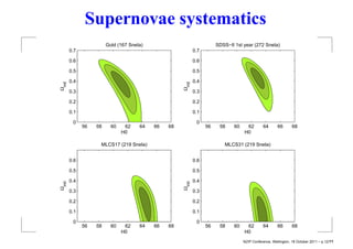 Supernovae systematics
                      Gold (167 SneIa)                             SDSS−II 1st year (272 SneIa)
      0.7                                               0.7

      0.6                                               0.6

      0.5                                               0.5

      0.4                                               0.4
Ωm0




                                                   m0
                                                   Ω
      0.3                                               0.3

      0.2                                               0.2

      0.1                                               0.1

       0                                                 0
            56   58     60    62    64   66   68              56    58     60    62        64       66       68
                             H0                                                 H0

                  MLCS17 (219 SneIa)                                   MLCS31 (219 SneIa)


      0.6                                               0.6

      0.5                                               0.5

      0.4                                               0.4
Ωm0




                                                   m0
                                                   Ω
      0.3                                               0.3

      0.2                                               0.2

      0.1                                               0.1

       0                                                 0
            56   58     60    62    64   66   68              56    58     60    62        64       66       68
                             H0                                                 H0
                                                                                NZIP Conference, Wellington, 18 October 2011 – p.12/??
 