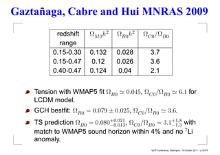 Gaztañaga, Cabre and Hui MNRAS 2009
           redshift    Ω M 0 h2   ΩB0 h2   ΩC0 /ΩB0
            range
          0.15-0.30    0.132      0.028      3.7
          0.15-0.47    0.12       0.026      3.6
          0.40-0.47    0.124       0.04      2.1


    Tension with WMAP5 ﬁt ΩB0        0.045, ΩC0 /ΩB0                   6.1 for
    LCDM model.
    GCH bestﬁt: ΩB0 = 0.079 ± 0.025, ΩC0 /ΩB0               3.6.
    TS prediction ΩB0 = 0.080+0.021 , ΩC0 /ΩB0 = 3.1+1.8 with
                             −0.013                 −1.3
    match to WMAP5 sound horizon within 4% and no 7 Li
    anomaly.
                                             NZIP Conference, Wellington, 18 October 2011 – p.16/??
 