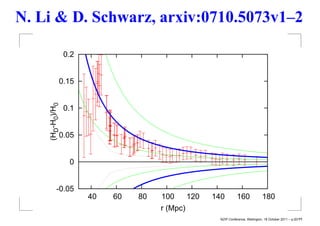 N. Li & D. Schwarz, arxiv:0710.5073v1–2

                 0.2


             0.15
    (HD-H0)/H0




                 0.1


             0.05


                  0


          -0.05
                       40   60   80   100       120   140         160              180
                                      r (Mpc)
                                                        NZIP Conference, Wellington, 18 October 2011 – p.20/??
 