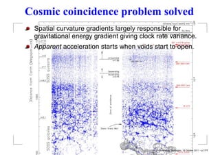 Cosmic coincidence problem solved
 Spatial curvature gradients largely responsible for
 gravitational energy gradient giving clock rate variance.
 Apparent acceleration starts when voids start to open.




                                          NZIP Conference, Wellington, 18 October 2011 – p.7/??
 