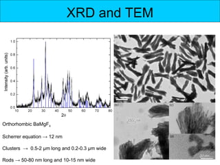 XRD and TEM




Orthorhombic BaMgF4

Scherrer equation → 12 nm

Clusters → 0.5-2 μm long and 0.2-0.3 μm wide
                                               11
Rods → 50-80 nm long and 10-15 nm wide
 