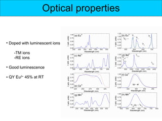 Optical properties


• Doped with luminescent ions

    -TM ions
    -RE ions

• Good luminescence

• QY Eu3+ 45% at RT




                                        13
 