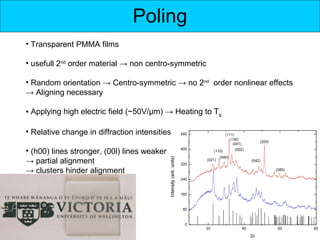 Poling
• Transparent PMMA films

• usefull 2nd order material → non centro-symmetric

• Random orientation → Centro-symmetric → no 2nd order nonlinear effects
→ Aligning necessary

• Applying high electric field (~50V/μm) → Heating to Tg

• Relative change in diffraction intensities

• (h00) lines stronger, (00l) lines weaker
→ partial alignment
→ clusters hinder alignment




                                                                           14
 