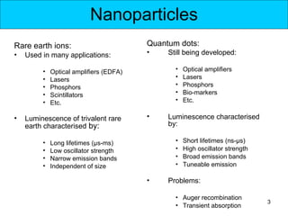 Nanoparticles
Rare earth ions:                         Quantum dots:
•   Used in many applications:           •    Still being developed:

         •   Optical amplifiers (EDFA)          •   Optical amplifiers
         •   Lasers                             •   Lasers
         •   Phosphors                          •   Phosphors
         •   Scintillators                      •   Bio-markers
         •   Etc.                               •   Etc.

•   Luminescence of trivalent rare       •    Luminescence characterised
    earth characterised by:                   by:

         •   Long lifetimes (μs-ms)             •   Short lifetimes (ns-μs)
         •   Low oscillator strength            •   High oscillator strength
         •   Narrow emission bands              •   Broad emission bands
         •   Independent of size                •   Tuneable emission

                                         •    Problems:

                                                • Auger recombination
                                                                               3
                                                • Transient absorption
 