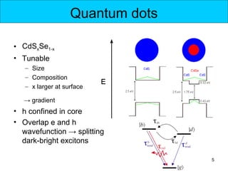 Quantum dots

• CdSxSe1-x
• Tunable
   – Size
   – Composition
   – x larger at surface

  → gradient
• h confined in core
• Overlap e and h
  wavefunction → splitting
  dark-bright excitons

                                  5
 