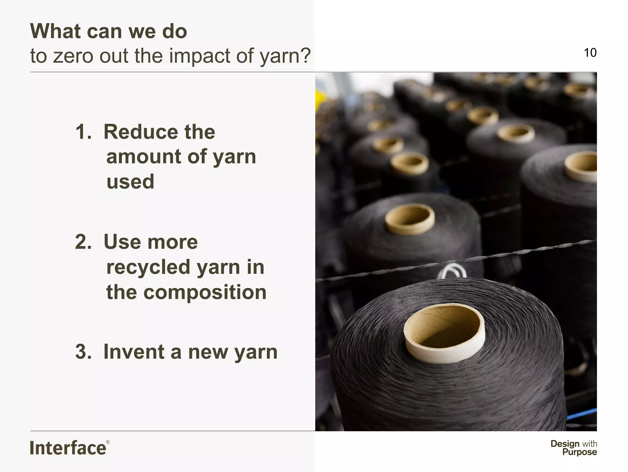 What can we do
to zero out the impact of yarn?   10




    1.  Reduce the
        amount of yarn
        used

    2.  Use more
        recycled yarn in
        the composition

    3.  Invent a new yarn
 