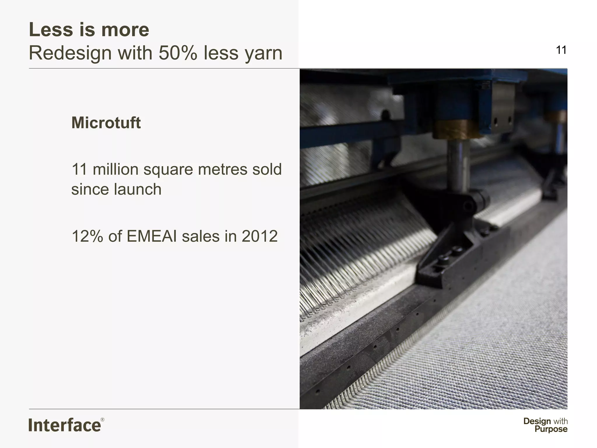 Less is more
Redesign with 50% less yarn         11




    Microtuft

    11 million square metres sold
    since launch

    12% of EMEAI sales in 2012
 