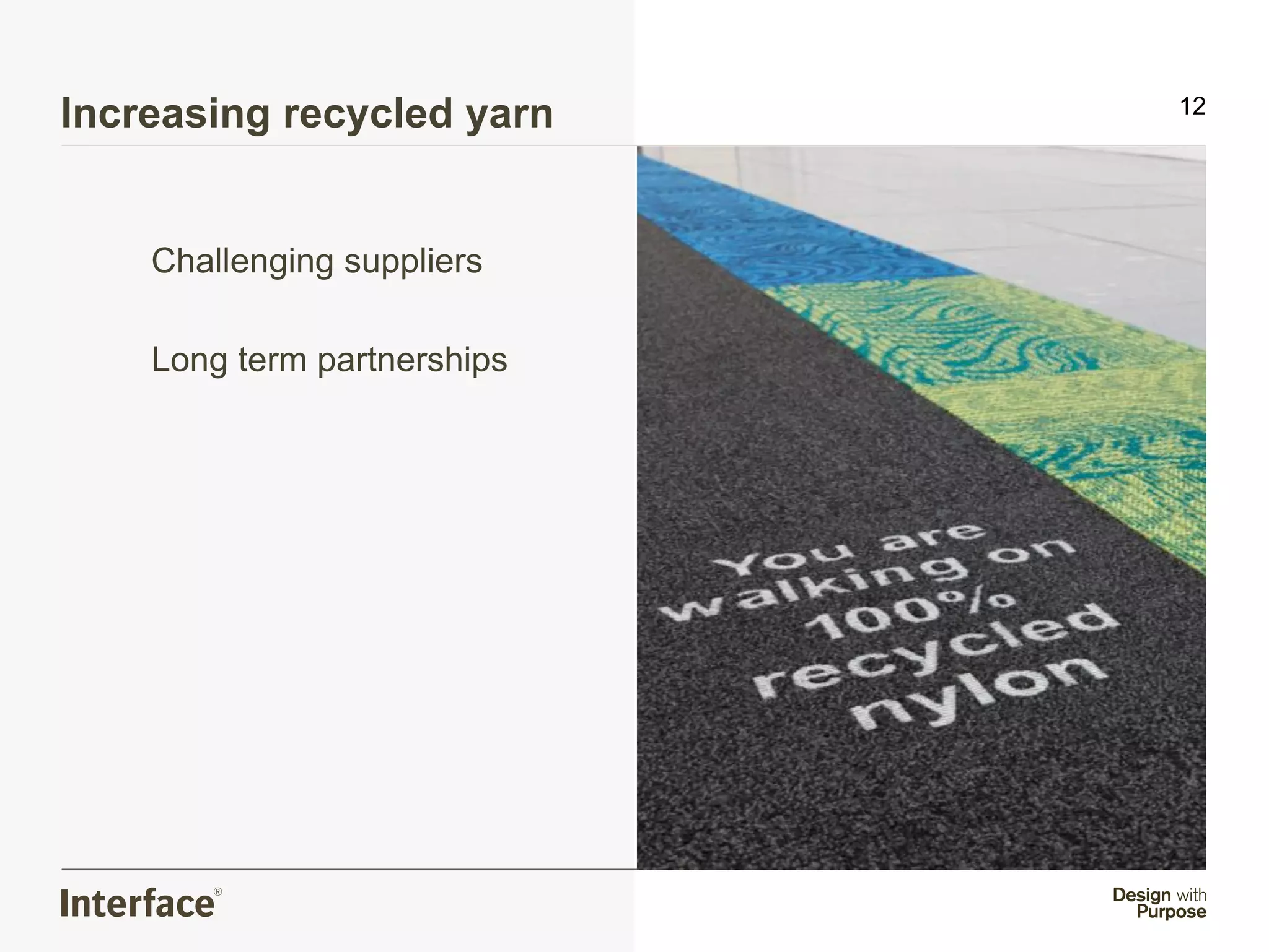 Increasing recycled yarn     12




    Challenging suppliers

    Long term partnerships
 