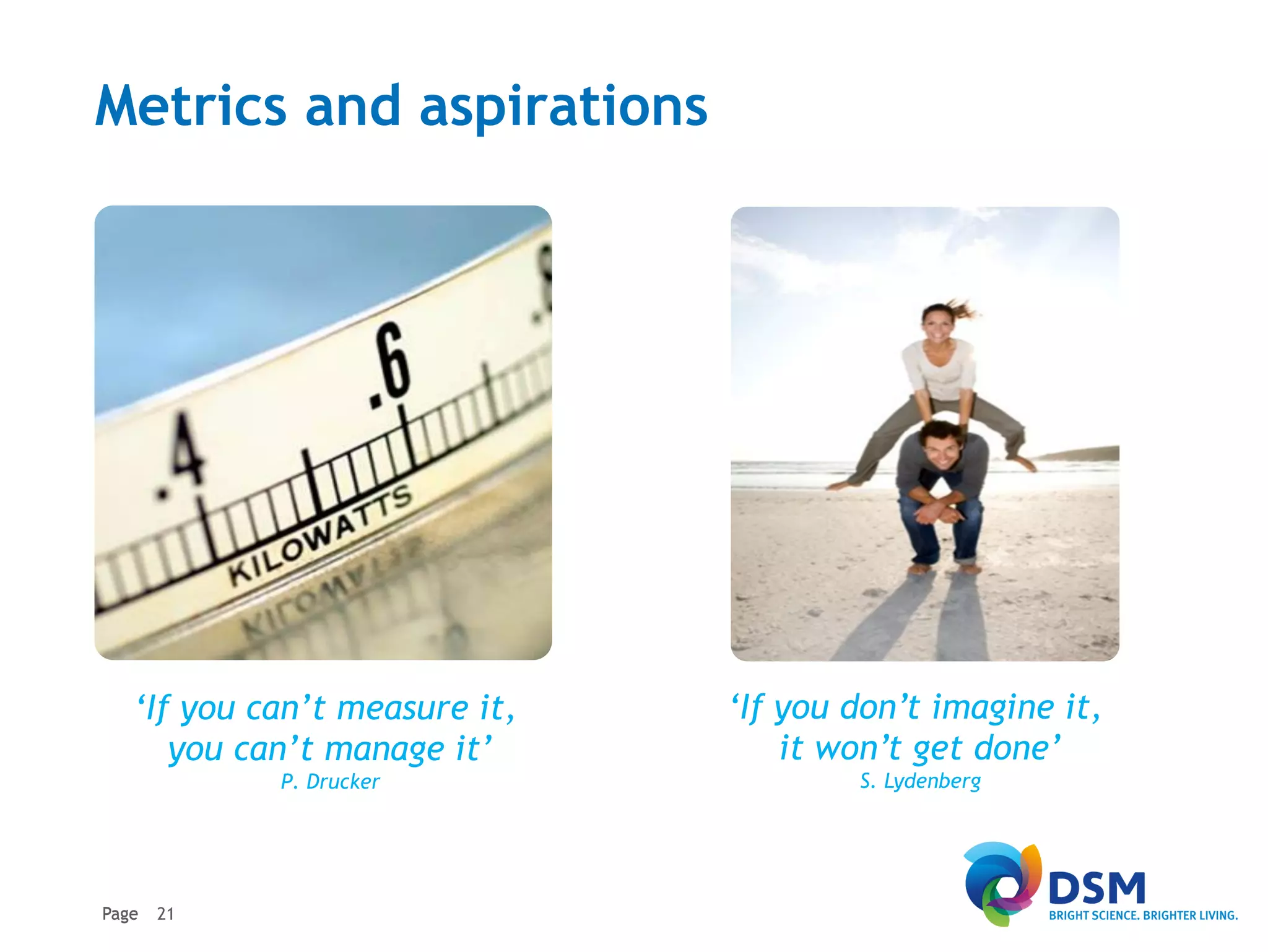 Metrics and aspirations




   ‘If you can’t measure it,   ‘If you don’t imagine it,
      you can’t manage it’         it won’t get done’
            P. Drucker                 S. Lydenberg




Page   21
 