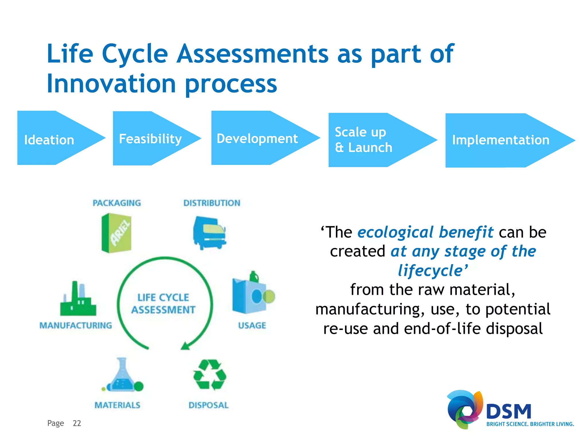 Life Cycle Assessments as part of
   Innovation process
                             Development     Scale up
Ideation       Feasibility                                   Implementation
                                             & Launch




                                           ‘The ecological benefit can be
                                             created at any stage of the
                                                      lifecycle’
                                                from the raw material,
                                           manufacturing, use, to potential
                                            re-use and end-of-life disposal




   Page   22
 