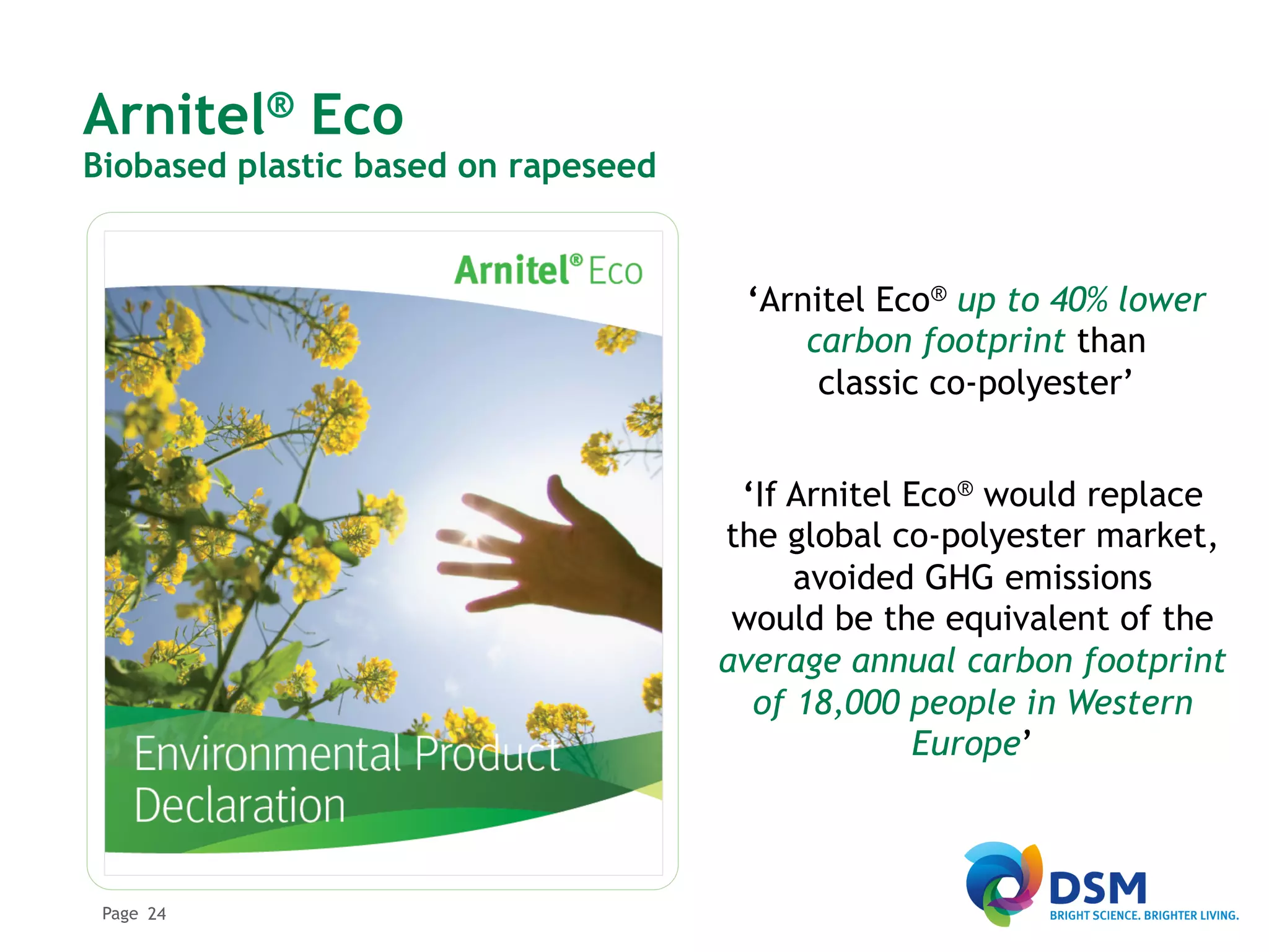 Arnitel ®    Eco
Biobased plastic based on rapeseed


                                      ‘Arnitel Eco® up to 40% lower
                                          carbon footprint than
                                           classic co-polyester’


                                      ‘If Arnitel Eco® would replace
                                     the global co-polyester market,
                                          avoided GHG emissions
                                      would be the equivalent of the
                                     average annual carbon footprint
                                       of 18,000 people in Western
                                                   Europe’



 Page 24
 