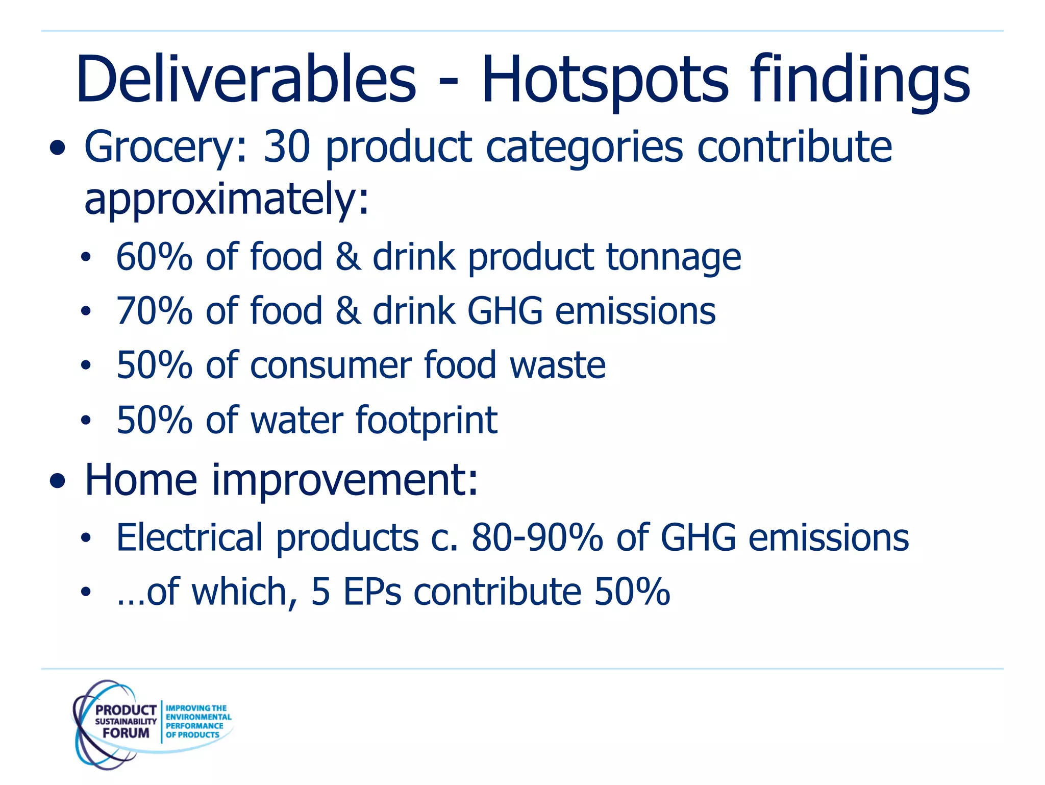 Deliverables - Hotspots findings
•  Grocery: 30 product categories contribute
   approximately:
 •    60%   of   food & drink product tonnage
 •    70%   of   food & drink GHG emissions
 •    50%   of   consumer food waste
 •    50%   of   water footprint
•  Home improvement:
 •  Electrical products c. 80-90% of GHG emissions
 •  …of which, 5 EPs contribute 50%
 