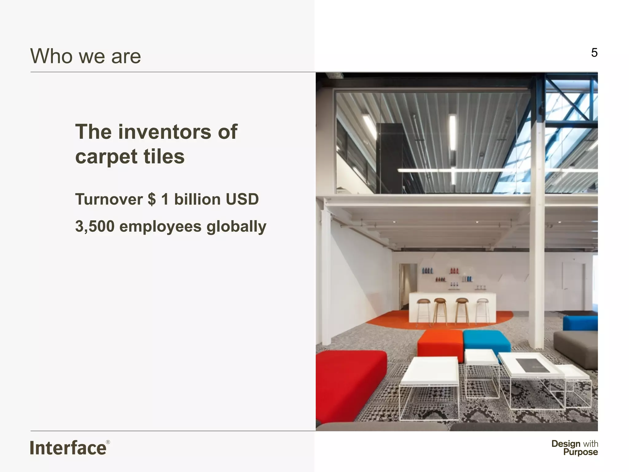 Who we are                     5




    The inventors of
    carpet tiles
    Turnover $ 1 billion USD
    3,500 employees globally
 