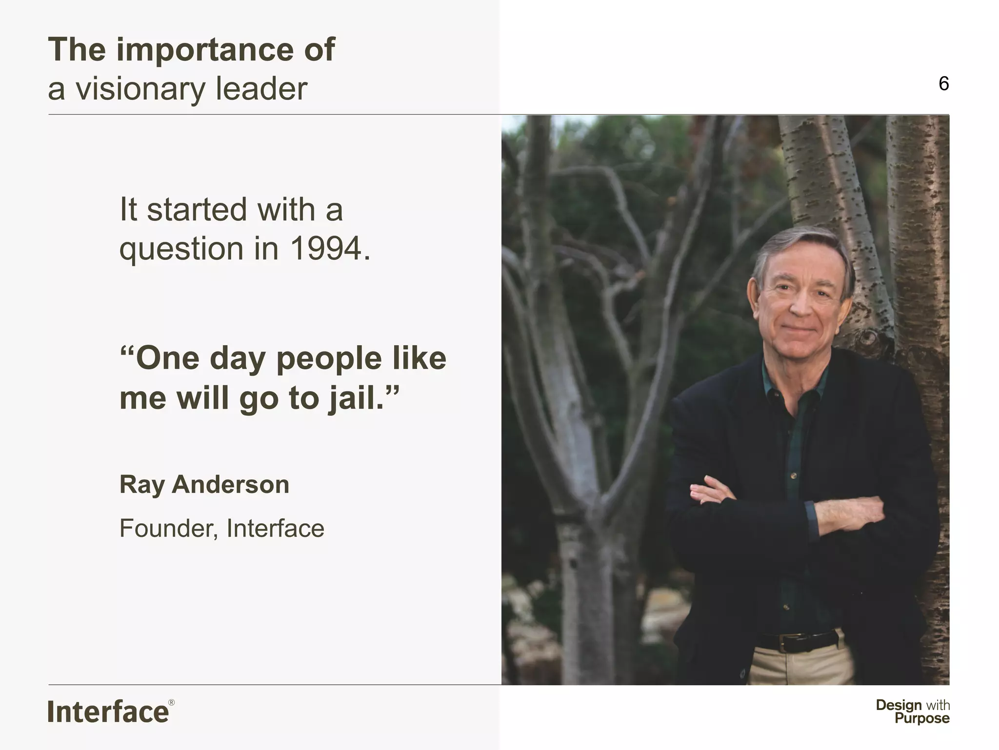The importance of
a visionary leader         6




    It started with a
    question in 1994.


    “One day people like
    me will go to jail.”

    Ray Anderson
    Founder, Interface
 