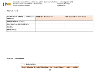 Universidad Nacional Abierta y a Distancia – UNAD - Vicerrectoría Académica y de Investigación - VIACI
Escuela: Ciencias Sociales Artes y Humanidades Programa: Psicología
Curso: Psicología Evolutiva Código: 403012
Matriz 4: Fase 3
INFRMACIÓN DESDE EL RFERENTE
TEORICO
ADULTEZ (Desde el caso) VEJEZ (Abordada desde el caso)
COGNITIVA DE PIAGET:
PSICOSOCIAL DE ERICKSON:
FISICO:
EMOCIONAL:
Matriz 5: Evaluación final
1. Redes sociales.
Breve definición de redes Identifique las redes Cuales redes sociales
14
 