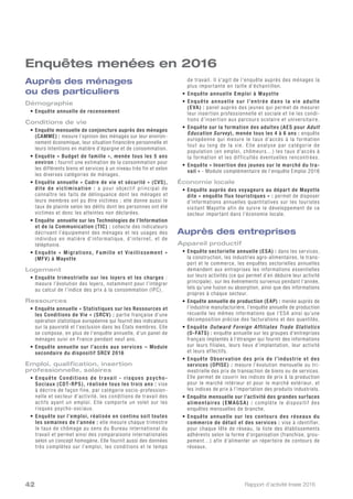 Rapport d’activité Insee 201642
Enquêtes menées en 2016
Auprès des ménages
ou des particuliers
Démographie
• Enquête annuelle de recensement
Conditions de vie
• Enquête mensuelle de conjoncture auprès des ménages
(CAMME) : mesure l’opinion des ménages sur leur environ-
nement économique, leur situation financière personnelle et
leurs intentions en matière d’épargne et de consommation.
• Enquête « Budget de famille », menée tous les 5 ans
environ : fournit une estimation de la consommation pour
les différents biens et services à un niveau très fin et selon
les diverses catégories de ménages.
• Enquête annuelle « Cadre de vie et sécurité » (CVS),
dite de victimisation : a pour objectif principal de
connaître les faits de délinquance dont les ménages et
leurs membres ont pu être victimes ; elle donne aussi le
taux de plainte selon les délits dont les personnes ont été
victimes et donc les atteintes non déclarées.
• Enquête annuelle sur les Technologies de l’Information
et de la Communication (TIC) : collecte des indicateurs
décrivant l’équipement des ménages et les usages des
individus en matière d’informatique, d’internet, et de
téléphonie.
• Enquête « Migrations, Famille et Vieillissement »
(MFV) à Mayotte
Logement
• Enquête trimestrielle sur les loyers et les charges :
mesure l’évolution des loyers, notamment pour l’intégrer
au calcul de l’indice des prix à la consommation (IPC).
Ressources
• Enquête annuelle « Statistiques sur les Ressources et
les Conditions de Vie » (SRCV) : partie française d’une
opération statistique européenne qui fournit des indicateurs
sur la pauvreté et l’exclusion dans les États membres. Elle
se compose, en plus de l’enquête annuelle, d’un panel de
ménages suivi en France pendant neuf ans.
• Enquête annuelle sur l’accès aux services – Module
secondaire du dispositif SRCV 2016
Emploi, qualification, insertion
professionnelle, salaires
• Enquête C onditions de travail - risques psycho -
Sociaux (CDT-RPS), réalisée tous les trois ans : vise
à décrire de façon fine, par catégorie socio-profession-
nelle et secteur d’activité, les conditions de travail des
actifs ayant un emploi. Elle comporte un volet sur les
risques psycho-sociaux.
• Enquête sur l’emploi, réalisée en continu soit toutes
les semaines de l’année : elle mesure chaque trimestre
le taux de chômage au sens du Bureau international du
travail et permet ainsi des comparaisons internationales
selon un concept homogène. Elle fournit aussi des données
très complètes sur l’emploi, les conditions et le temps
de travail. Il s'agit de l’enquête auprès des ménages la
plus importante en taille d’échantillon.
• Enquête annuelle Emploi à Mayotte
• Enquête annuelle sur l’entrée dans la vie adulte
(EVA) : panel auprès des jeunes qui permet de mesurer
leur insertion professionnelle et sociale et lie les condi-
tions d’insertion aux parcours scolaire et universitaire.
• Enquête sur la formation des adultes (AES pour Adult
Education Survey), menée tous les 4 à 6 ans : enquête
européenne qui mesure le taux d’accès à la formation
tout au long de la vie. Elle analyse par catégorie de
population (en emploi, chômeurs…) les taux d’accès à
la formation et les difficultés éventuelles rencontrées.
• Enquête « Insertion des jeunes sur le marché du tra-
vail » - Module complémentaire de l’enquête Emploi 2016
Économie locale
• Enquête auprès des voyageurs au départ de Mayotte
dite « enquête flux touristiques » : permet de disposer
d’informations annuelles quantitatives sur les touristes
visitant Mayotte afin de suivre le développement de ce
secteur important dans l’économie locale.
Auprès des entreprises
Appareil productif
• Enquête sectorielle annuelle (ESA) : dans les services,
la construction, les industries agro-alimentaires, le trans-
port et le commerce, les enquêtes sectorielles annuelles
demandent aux entreprises les informations essentielles
sur leurs activités (ce qui permet d’en déduire leur activité
principale), sur les événements survenus pendant l’année,
tels qu’une fusion ou absorption, ainsi que des informations
propres à chaque secteur.
• Enquête annuelle de production (EAP) : menée auprès de
l’industrie manufacturière, l’enquête annuelle de production
recueille les mêmes informations que l’ESA ainsi qu’une
décomposition précise des facturations et des quantités.
• Enquête Outward Foreign Affiliates Trade Statistics
(O-FATS) : enquête annuelle sur les groupes d’entreprises
français implantés à l’étranger qui fournit des informations
sur leurs filiales, leurs lieux d’implantation, leur activité
et leurs effectifs.
• Enquête Observation des prix de l’industrie et des
services (OPISE) : mesure l’évolution mensuelle ou tri-
mestrielle des prix de transaction de biens ou de services.
Elle permet de couvrir les indices de prix à la production
pour le marché intérieur et pour le marché extérieur, et
les indices de prix à l’importation des produits industriels.
• Enquête mensuelle sur l’activité des grandes surfaces
alimentaires ( EMAGSA ) : complète le dispositif des
enquêtes mensuelles de branche.
• Enquête annuelle sur les contours des réseaux du
commerce de détail et des services : vise à identifier,
pour chaque tête de réseau, la liste des établissements
adhérents selon la forme d’organisation (franchise, grou-
pement…) afin d’alimenter un répertoire de contours de
réseaux.
 