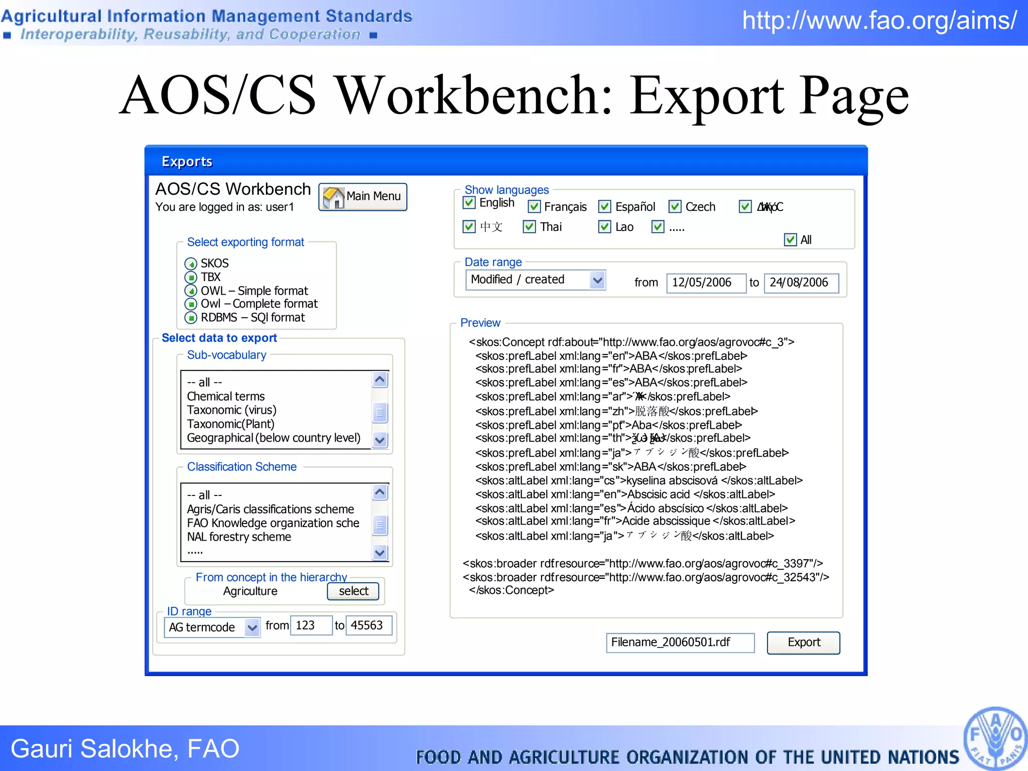 AOS/CS Workbench: Export Page