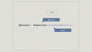 $patients = $repository->anonymousPatients();
Abstract
Nice
DIY
 