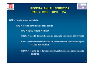 RECEITA ANUAL PERMITIDA
                      RAP = RPB + RPC + PA

RAP = receita anual permitida

      RPB = receita permitida de rede básica

           RPB = RBSE + RBNI + RBNIA

           RBSE = receita de rede básica de serviços existentes em 31/12/99

           RBNI = receita de rede básica de investimentos concluídos após
                    31/12/99 até 30/06/05


           RBNIA = receita de rede básica de investimentos concluídos após
                      30/06/05


                                                                              17
 