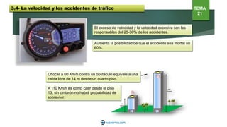 El exceso de velocidad y la velocidad excesiva son las
responsables del 25-30% de los accidentes.
Aumenta la posibilidad de que el accidente sea mortal un
60%.
A 110 Km/h es como caer desde el piso
13, sin cinturón no habrá probabilidad de
sobrevivir.
Chocar a 60 Km/h contra un obstáculo equivale a una
caída libre de 14 m desde un cuarto piso.
3.4- La velocidad y los accidentes de tráfico TEMA
21
 