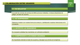 1.1- NO MOLESTAR
Incumplir las normas de normas de tráfico provoca molestias, e incluso situaciones de
peligro, al resto de usuarios.
1.2- NO SORPRENDER
Debemos mostrar con nuestra forma de conducir y señalizando nuestras intenciones en la
circulación.
1.3- ADVERTIR LAS MANIOBRAS
Es necesario señalizar las maniobras con suficiente antelación
1.4- COMPRENDER A LOS DEMAS USUARIOS
Es importante entender al resto de usuarios y disculpar sus errores sin enojarnos.
1- COLABORACIÓN ENTRE USUARIOS TEMA
21
 